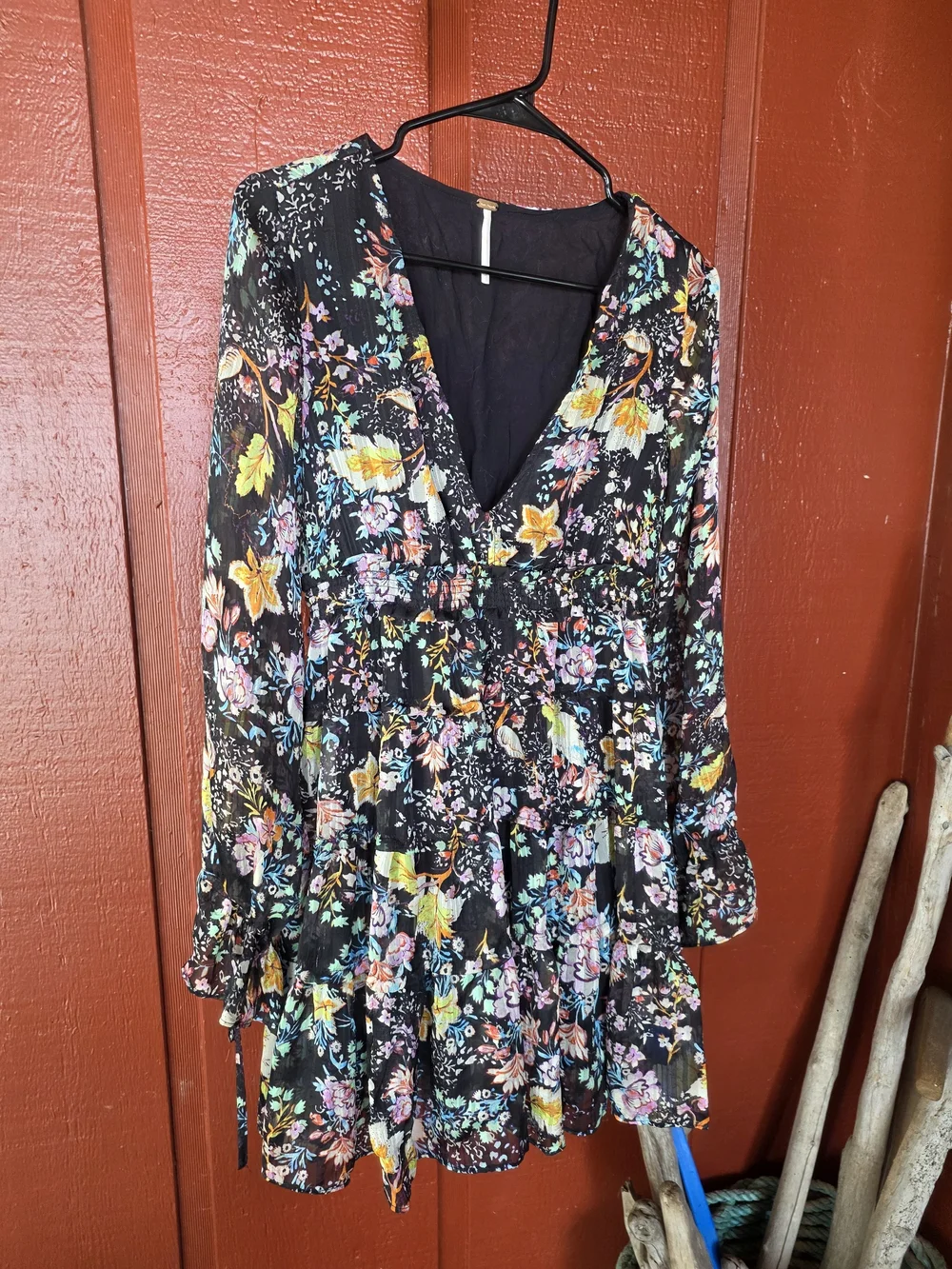 Free People Black Floral Mini Dress with Multi-Color Print